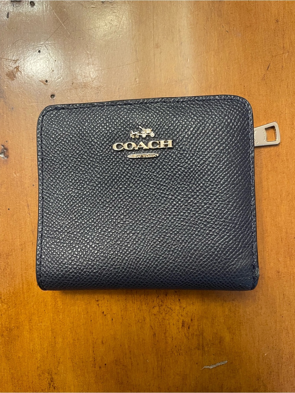 Coach Navy Pebbled Leather Zip Wallet with Gold Logo